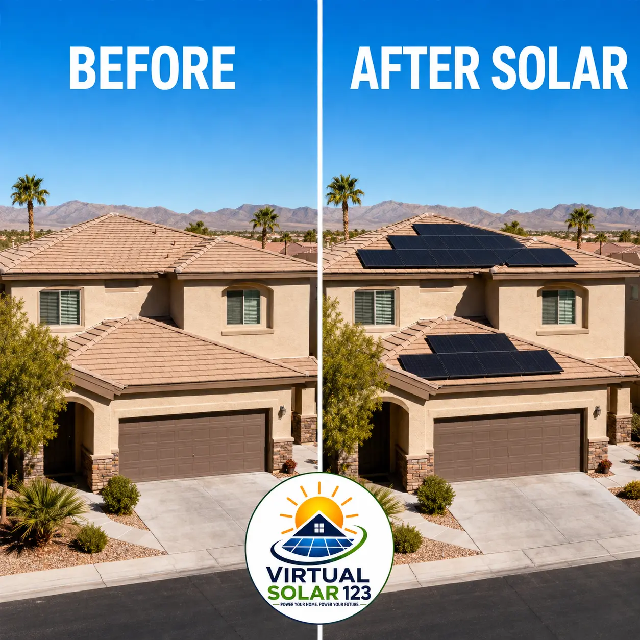 Illustrative before-and-after view of a Las Vegas home with rooftop solar panels